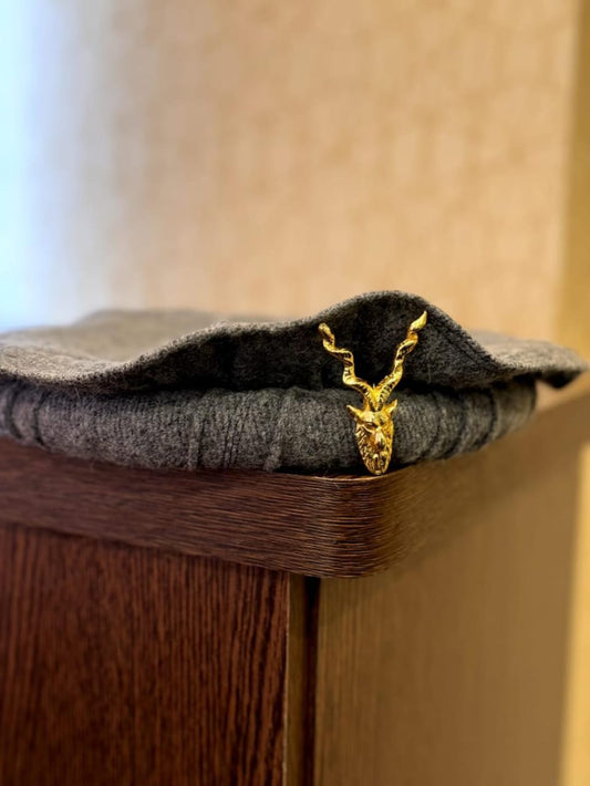 Charcoal Chitrali Cap – Handmade Wool Pakol with Detachable Gold & Silver Markhor and Feather | Unisex Heritage Hat